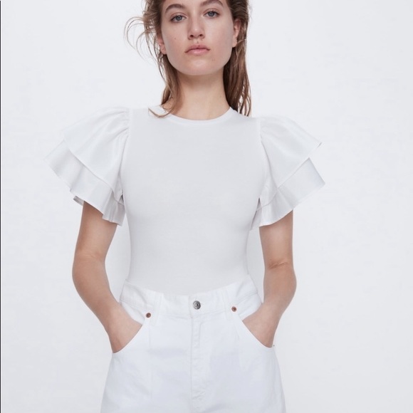 Zara Tops - Zara NEW contrast bodysuit with ruffles Shoulder 80s White Top Small
